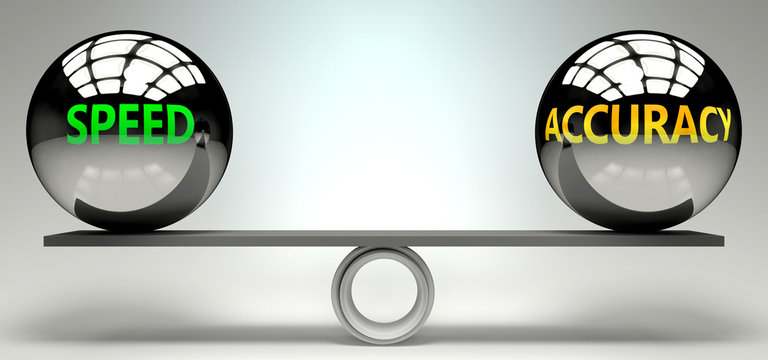 Speed and accuracy balance, harmony and relation pictured as two equal balls with  text words showing abstract idea and symmetry between two symbols and real life concepts, 3d illustration
