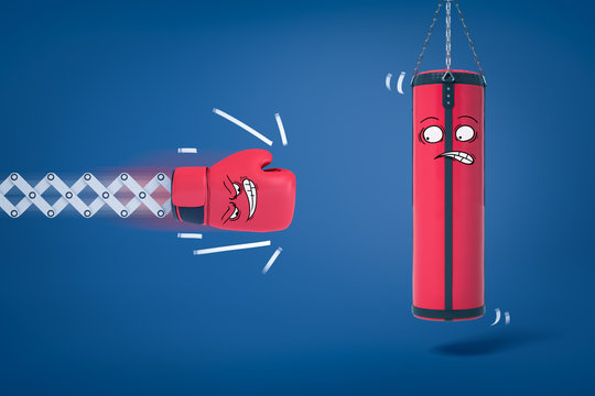 3d rendering of boxing glove about to hit punching bag, both with funny cartoon faces.