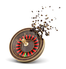 3d rendering of casino roulette shattering into small pieces isolated on white background.
