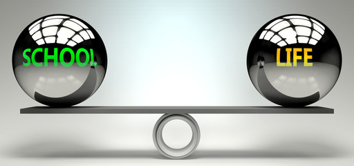 School and life balance, harmony and relation pictured as two equal balls with  text words showing abstract idea and symmetry between two symbols and real life concepts, 3d illustration