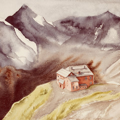 House on a hill among high mountains. Watercolor landscape with lonely house and mountains. - 255717363