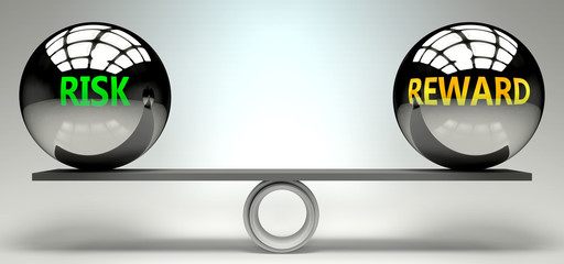 Risk and reward balance, harmony and relation pictured as two equal balls with  text words showing abstract idea and symmetry between two symbols and real life concepts, 3d illustration