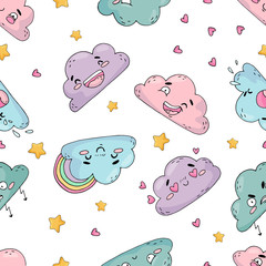 Seamless pattern of cute clouds on white background.