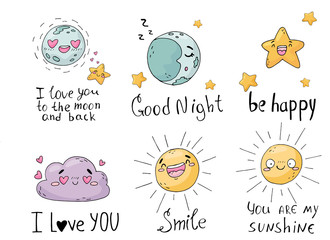 Set of cute posters with star, sun, cloud and moon on white background.