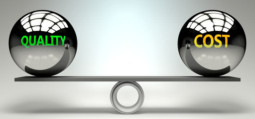 Quality and cost balance, harmony and relation pictured as two equal balls with  text words showing abstract idea and symmetry between two symbols and real life concepts, 3d illustration