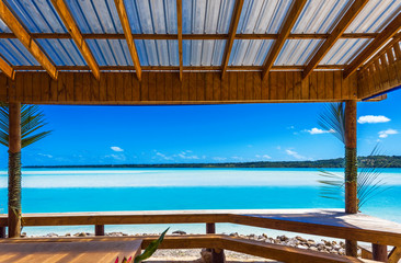 View of the gazebo on the beach in Aitutaki island, Cook Islands, South Pacific. Copy space for text.
