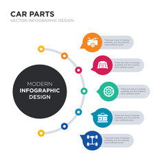 modern business infographic illustration design contains car axle, car battery, car bearing, bonnet, boot simple vector icons. set of 5 isolated filled icons. editable sign and symbols