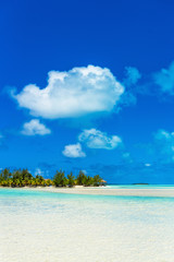 Stunning tropical Aitutaki island with palm trees, white sand, turquoise ocean water and blue sky at Cook Islands, South Pacific. Copy space for text. Vertical.