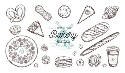Bakery hand drawn vector top view illustration, collection. Hand drawn sketch with bread, pastry, sweets, cakes, coffee and croissant. Isolated objects