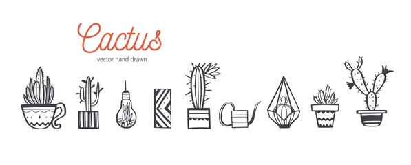 Home decor and House plants vector hand drawn set. Cactus and interior design elements.Isolated boho and scandinavian cartoon sketches