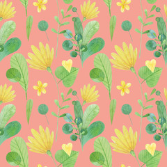 seamless pattern with cute watercolor illustration of stylized flowers.
