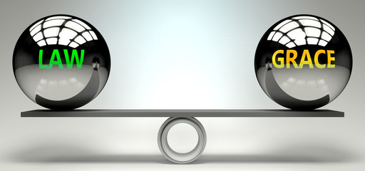 Law and grace balance, harmony and relation pictured as two equal balls with  text words showing abstract idea and symmetry between two symbols and real life concepts, 3d illustration