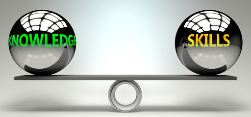 Knowledge and skills balance, harmony and relation pictured as two equal balls with  text words showing abstract idea and symmetry between two symbols and real life concepts, 3d illustration