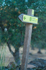 Hiking signs, Cork Oak - Alcornoque, Mediterranean forest, Sierra de San Pedro, Cáceres, Extremadura, Spain, Europe