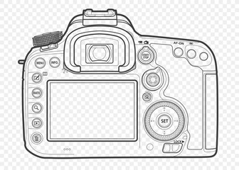 Outline vector illustration of reflex slr camera with lens in front, drawn with lines