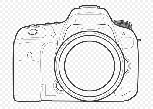 Outline vector illustration of reflex slr camera with lens in front, drawn with lines