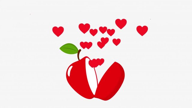 The cartoon apple is broken into two parts, and the hearts fly out. Fruit animation with white background. Alpha channel.