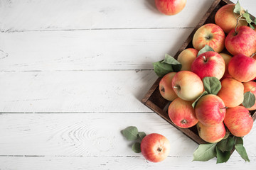 Red apples in wooden box