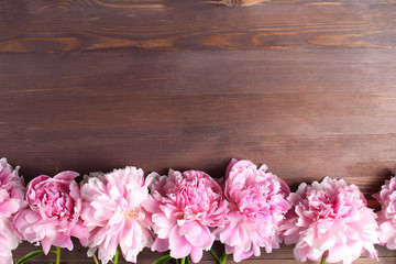 peony flowers frame on wooden background. space for a text, flat lay.