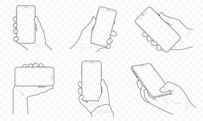 Vector mobile smartphone device outline and contour in hand set with fingers. Touch, swipe and photographing..