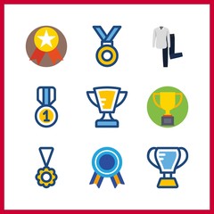 9 best icon. Vector illustration best set. trophy and medal icons for best works - 255723502