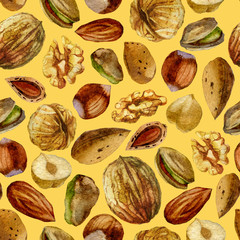 Watercolor illustration, pattern. Nuts on a beige background.