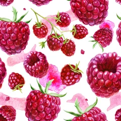 Tapeten Aquarellfrüchte Aquarellillustration, Muster. Beeren auf weißem Hintergrund. Himbeeren, Himbeeren auf einem Zweig, rosa Flecken.