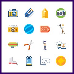 16 hobby icon. Vector illustration hobby set. photo camera and tags icons for hobby works