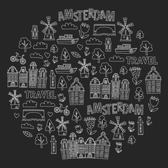 Vector pattern with Holland, Netherlands, Amsterdam icons. Doodle style.