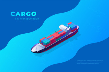 Isometric cargo ship container in the ocean transportation. illustration vector