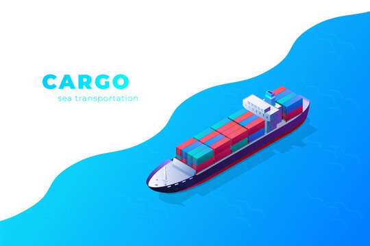 Isometric cargo ship container in the ocean transportation. illustration vector