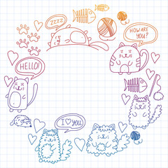 Vector pattern with cute little cats and kittens for children.