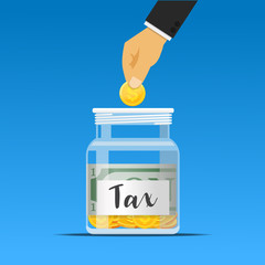 Hand putting coins in tax jar vector illustration.