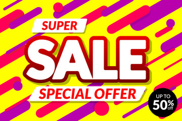Super sale. Special offer up to 50% off. On dynamic background. Vector illustration design.