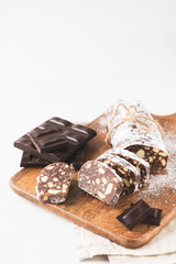 Traditional chocolate sausage salami with cocoa and chocolate