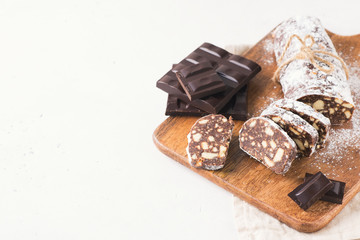 Traditional chocolate sausage salami with cocoa and chocolate