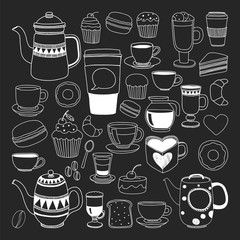 Coffee menu. Vector pattern with cappuccino, espresso. Kitchen, cooking, beverages.