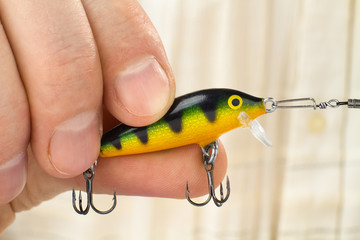 the fisherman holds the balsa plug in his fingers