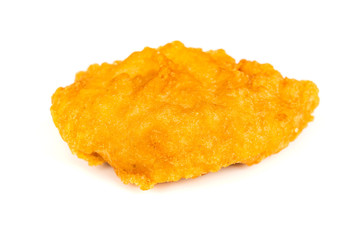 close up of chicken nugget on white background