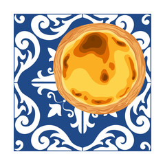 Portuguese custard tart - pastel de nata placed on blue and white ceramic azulejo tiles. Traditional portuguese pastry created in the civil parish of Santa Maria de Belem, Lisbon.  Vector illustration
