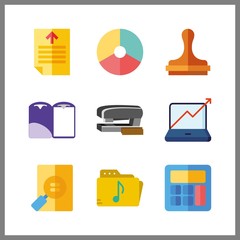 9 paperwork icon. Vector illustration paperwork set. pie chart and text file icons for paperwork works