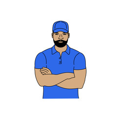 vector illustration of muscular man folded his arms on chest, cartoon design