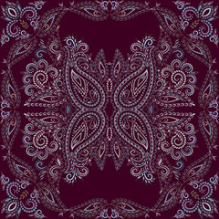 Bandana burgundy. Traditional ornamental ethnic  pattern with paisley and flowers. Vector print square.