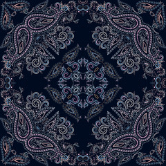 Bandana classic. Traditional ornamental ethnic  pattern with paisley and flowers. Vector print square.