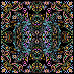 Bandana classic. Traditional ornamental ethnic  pattern with paisley and flowers. Vector print square
