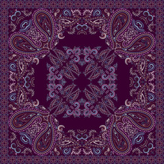 Bandana burgundy. Traditional ornamental ethnic  pattern with paisley and flowers. Vector print square.