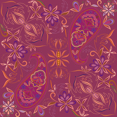 Bandana burgundy. Traditional ornamental ethnic  pattern with paisley and flowers. Vector print square.