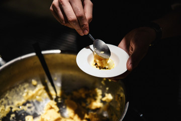 Exotic food is being degustated at a luxury corporate dinner event - Cold sorbet