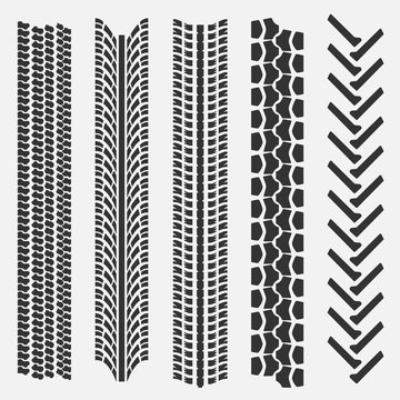 Set of 5 tire treads. Seamless texture. Vector illustration. 