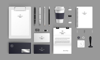 Business Brand identity Pealistic Mock-up set with logo template. Corporate Brand Identity Stationery Mockup set minimalism grey colour design on grey background